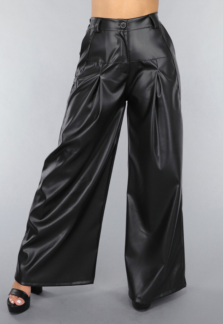 Tall Lederlook Wide Leg Pantalon in Zwart