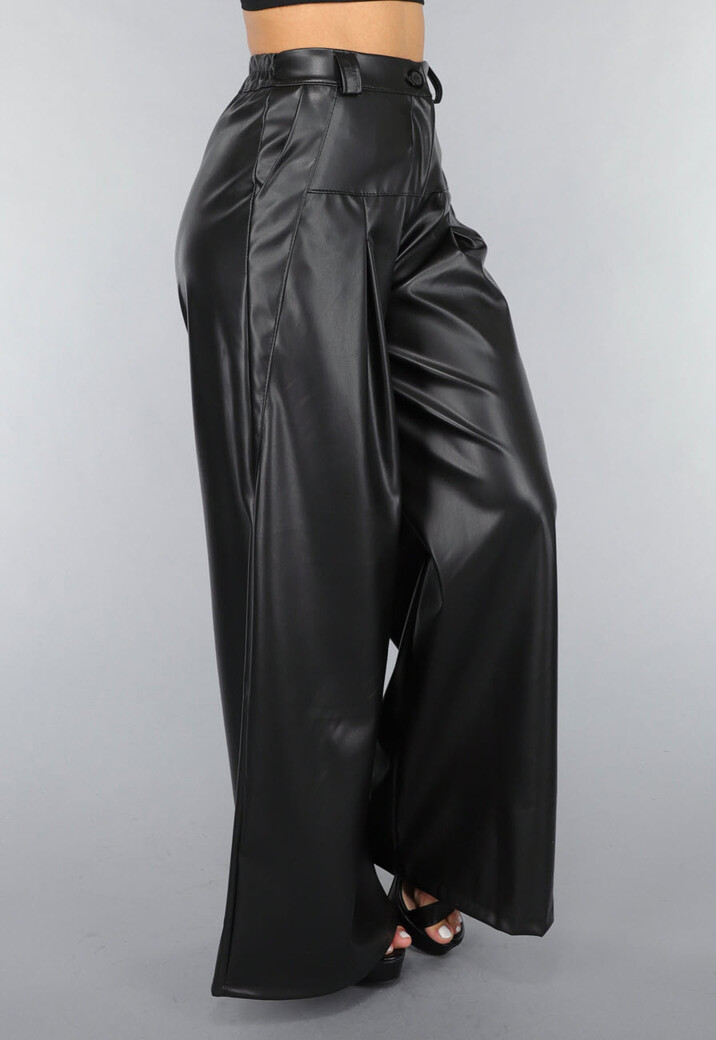 Tall Lederlook Wide Leg Pantalon in Zwart