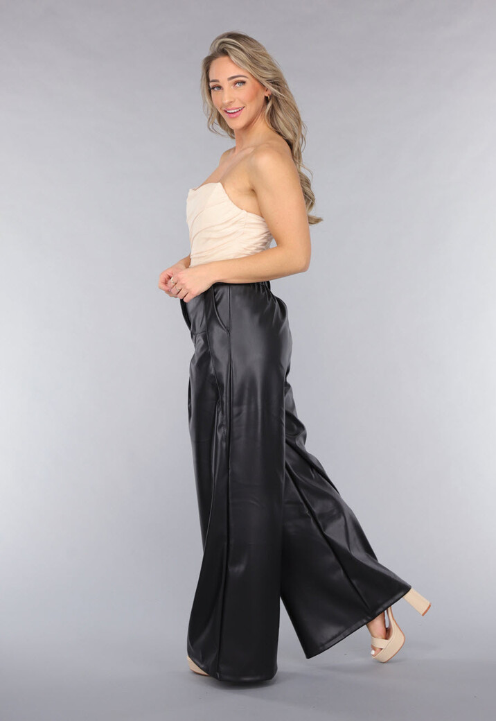Tall Lederlook Wide Leg Pantalon in Zwart