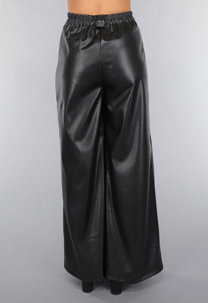 Tall Lederlook Wide Leg Pantalon in Zwart