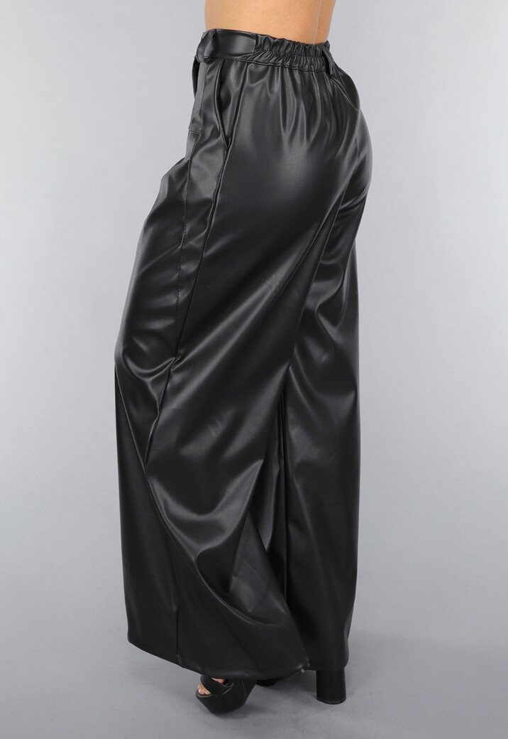 Tall Lederlook Wide Leg Pantalon in Zwart