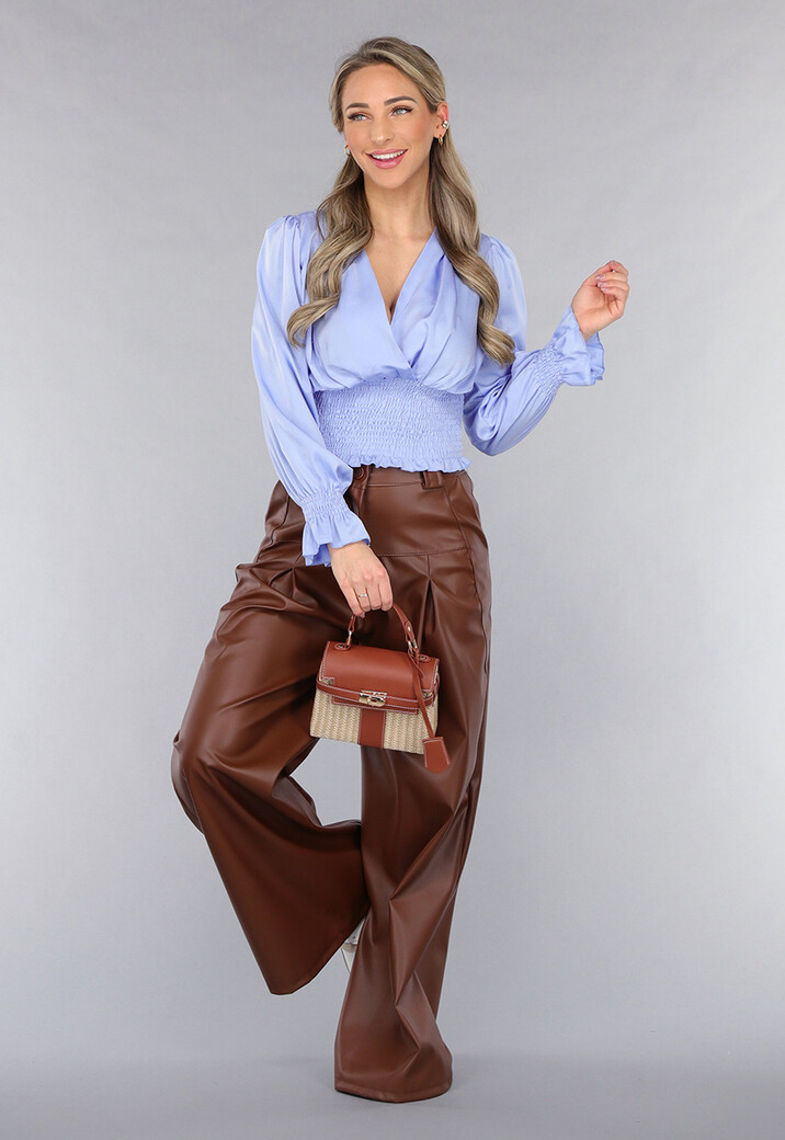 Kleine Raffia Handtas met Bruine Lederlook Afwerking