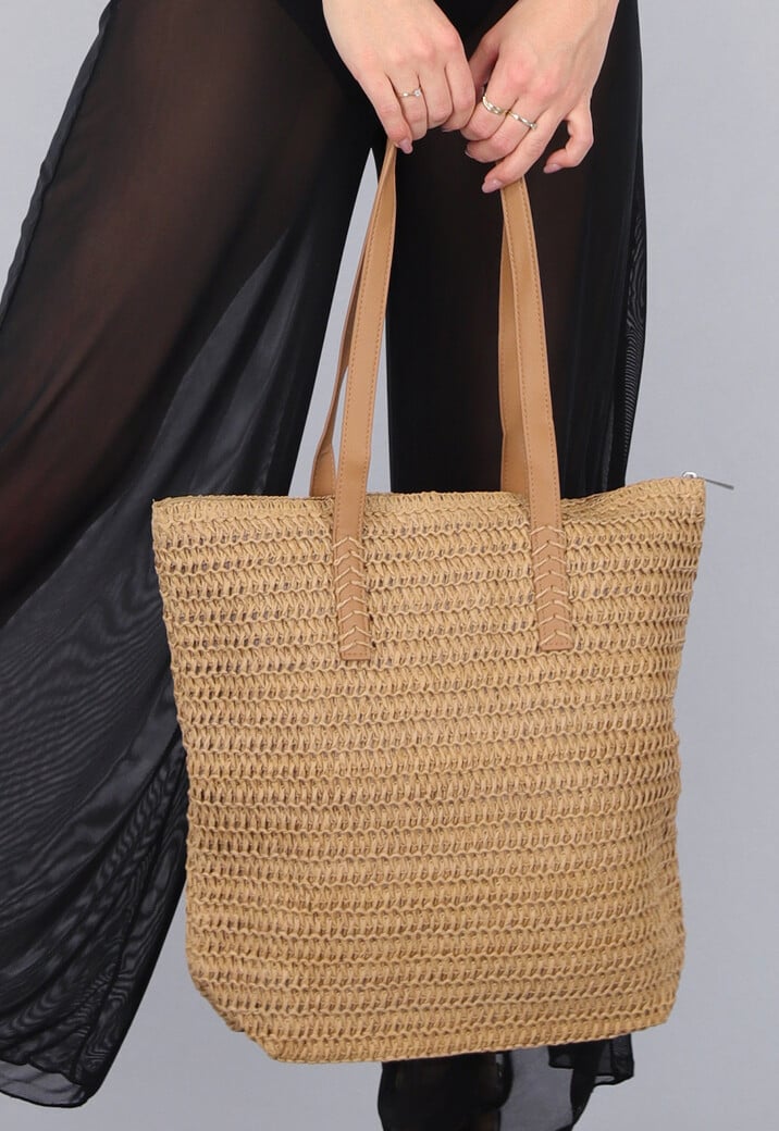 Bruine Raffia Tote Tas met Bruine Lederlook Banden