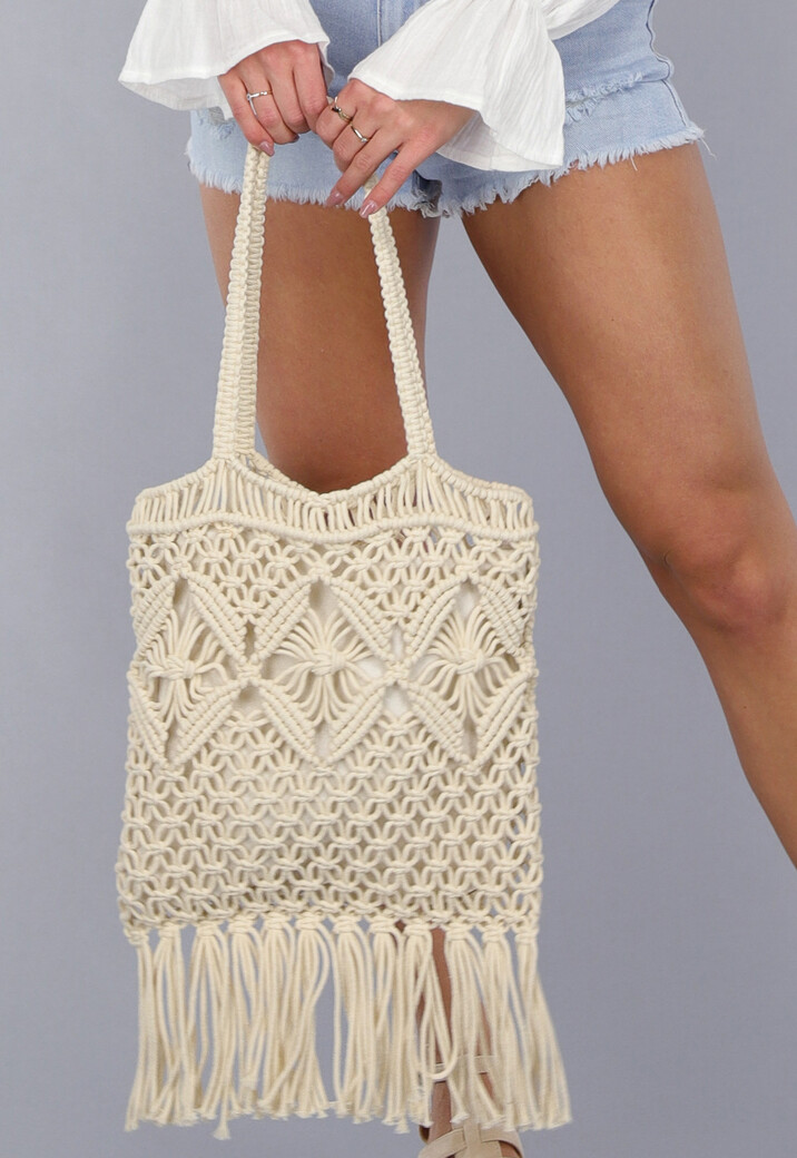 Beige Gehaakte Strandtas met Franjes