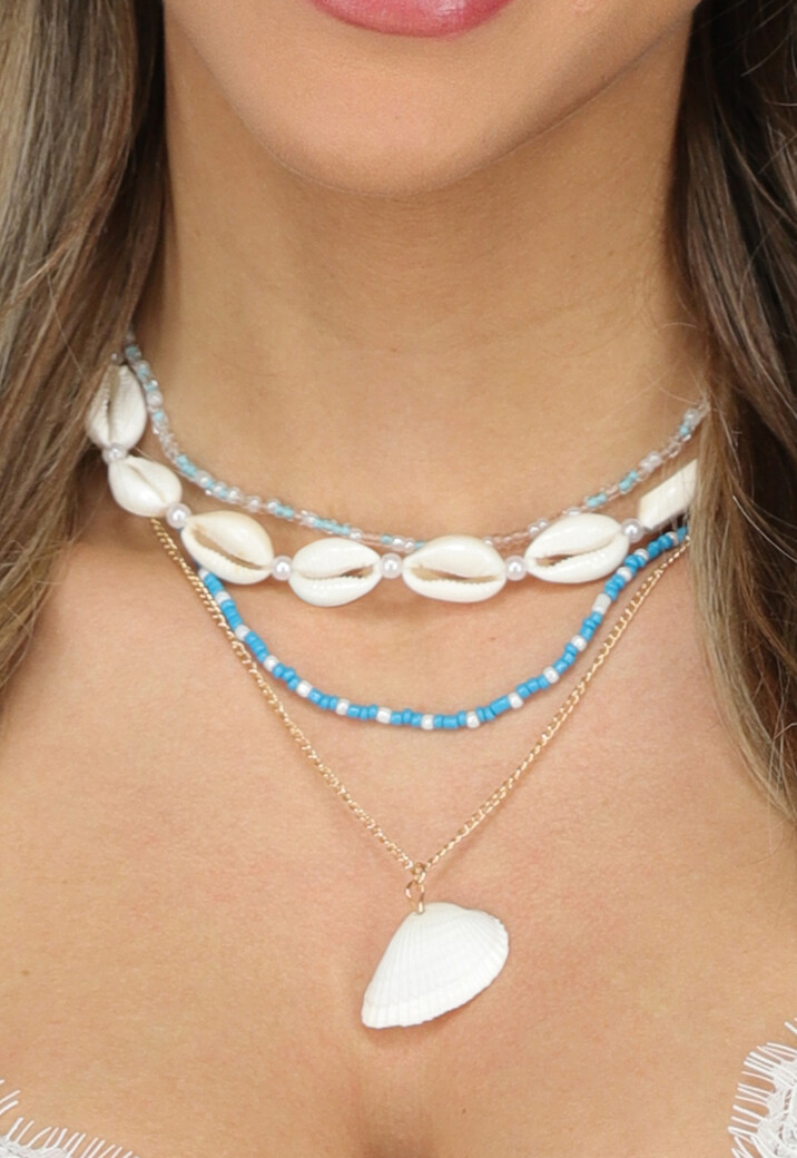 4-Delige Blauwe Ketting Set met Schelpjes