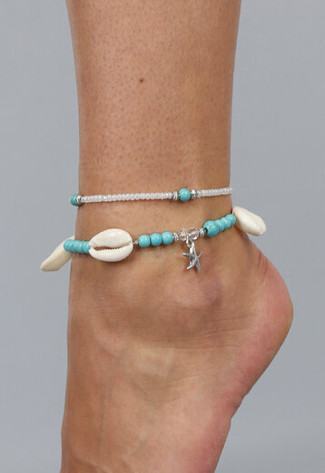 2-Delig Enkelbandjes Set met Blauwe Kraaltjes en Kauri Schelpjes