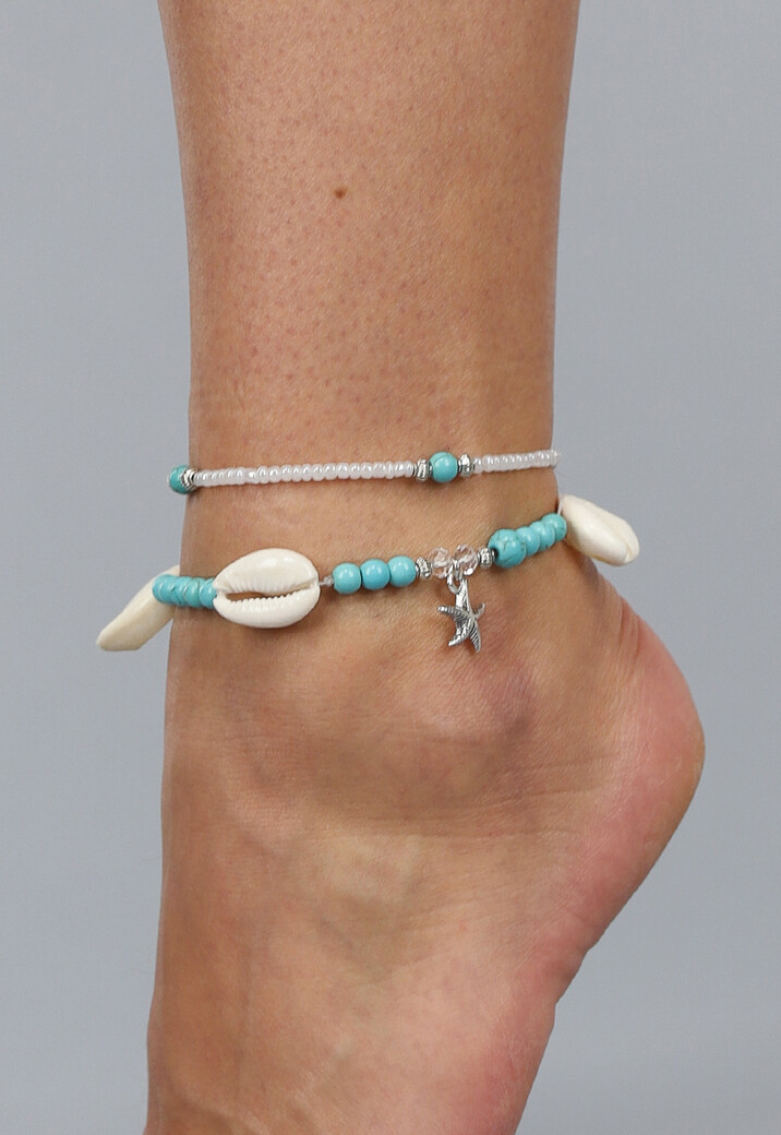 2-Delig Enkelbandjes Set met Blauwe Kraaltjes en Kauri Schelpjes