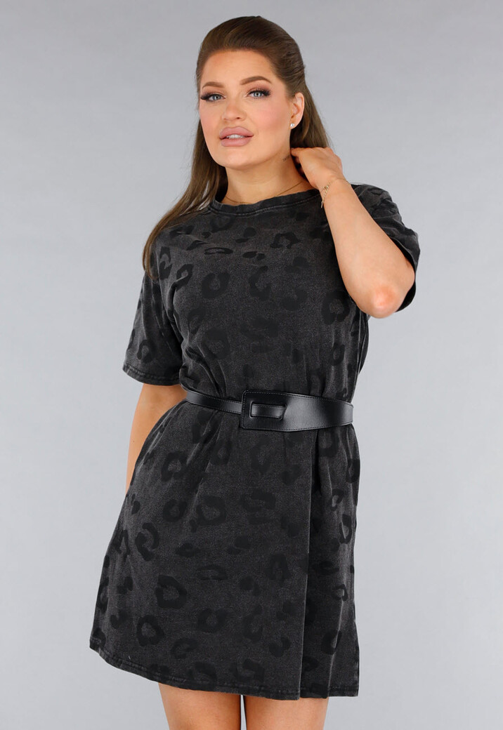 Grijze Oversized T-Shirt Jurk met Panterprint