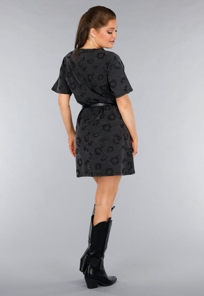 Grijze Oversized T-Shirt Jurk met Panterprint