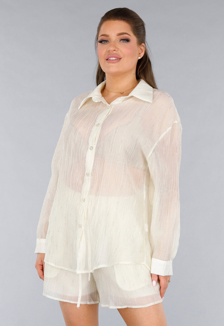 Crème 2-Delig Set met Doorschijnende Blouse en Elastische Short