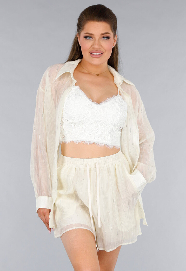Crème 2-Delig Set met Doorschijnende Blouse en Elastische Short