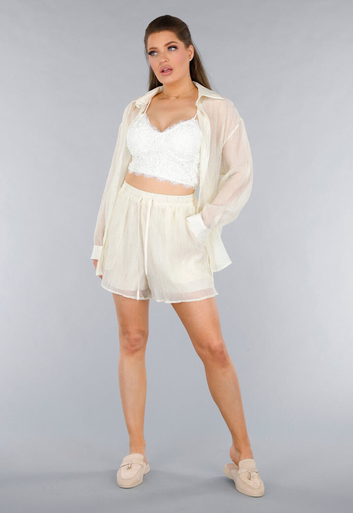 Crème 2-Delig Set met Doorschijnende Blouse en Elastische Short