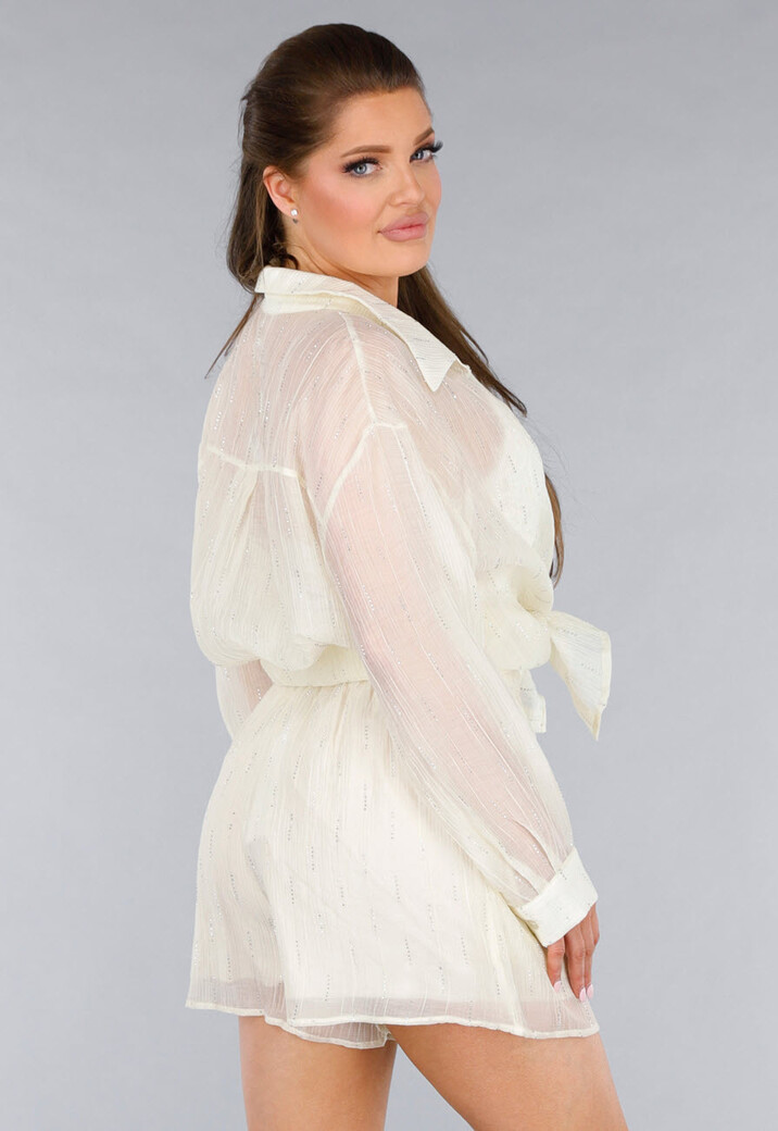 Crème 2-Delig Set met Doorschijnende Blouse en Elastische Short