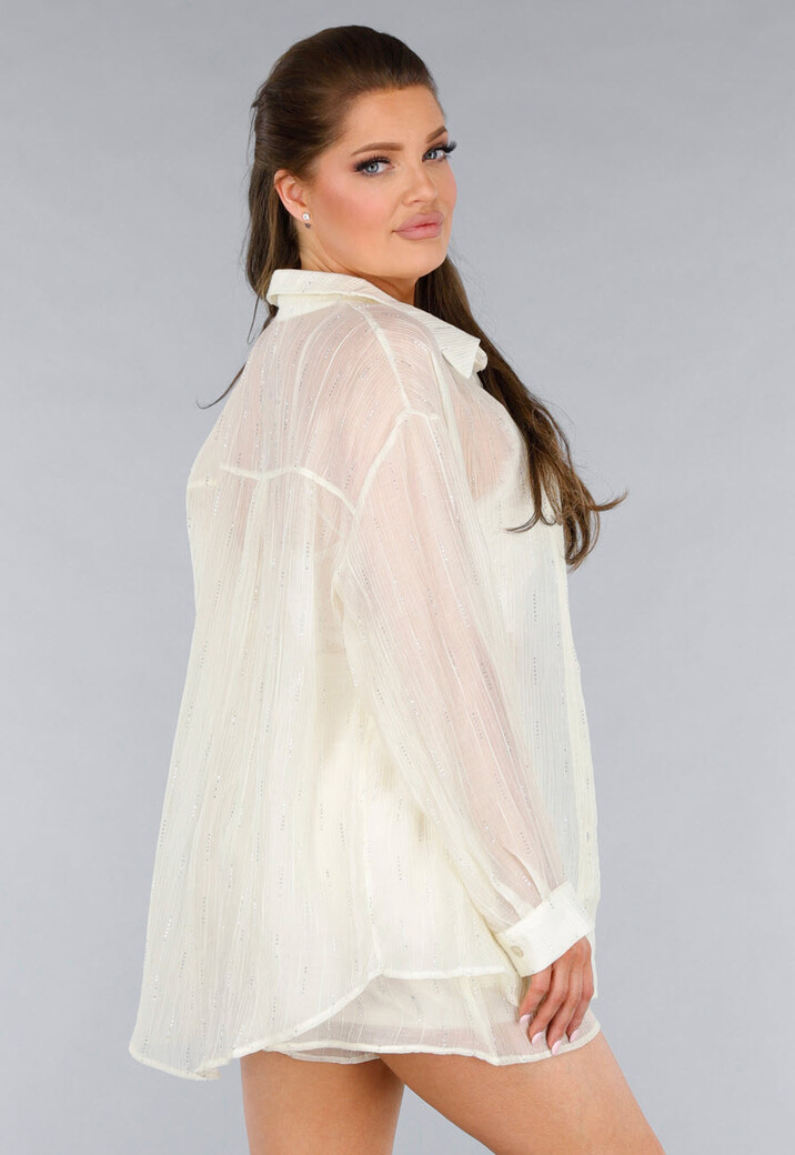 Crème 2-Delig Set met Doorschijnende Blouse en Elastische Short