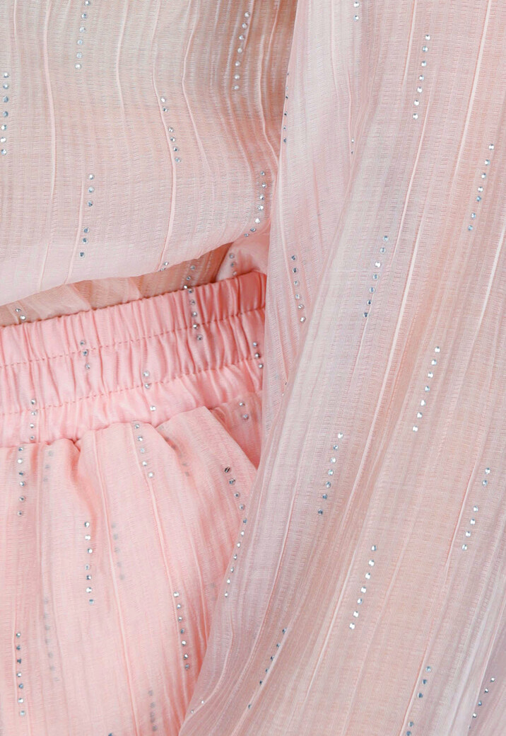 Lichtroze Tweedelige Set met Doorschijnende Blouse en Elastische Short