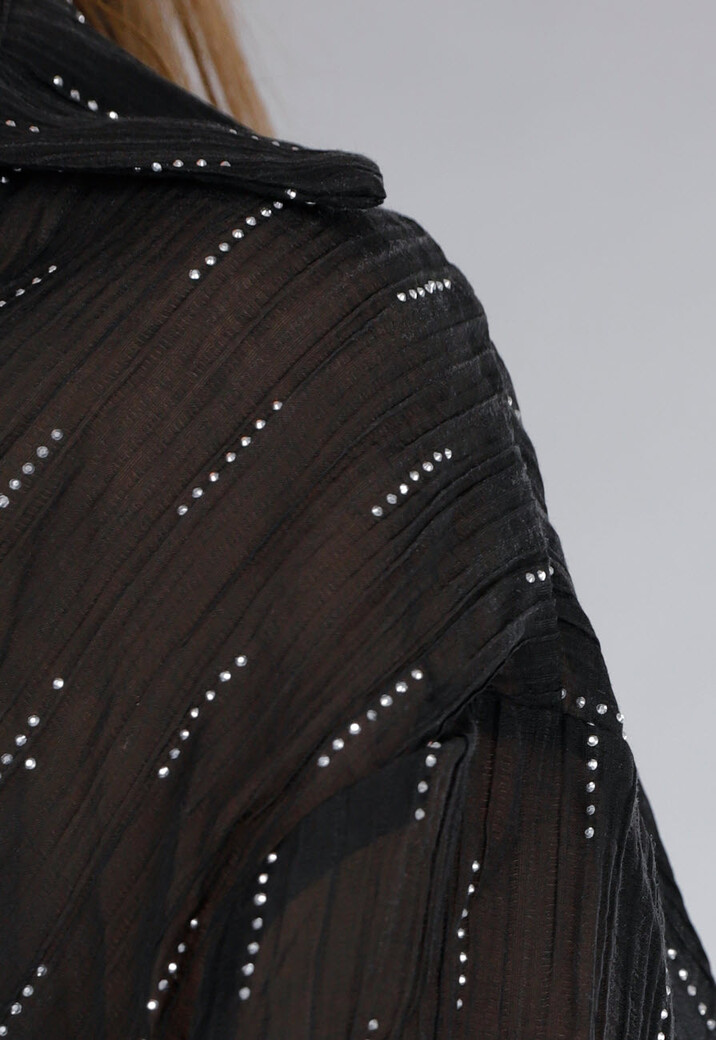 Zwarte Tweedelige Set met Doorschijnende Blouse en Elastische Short