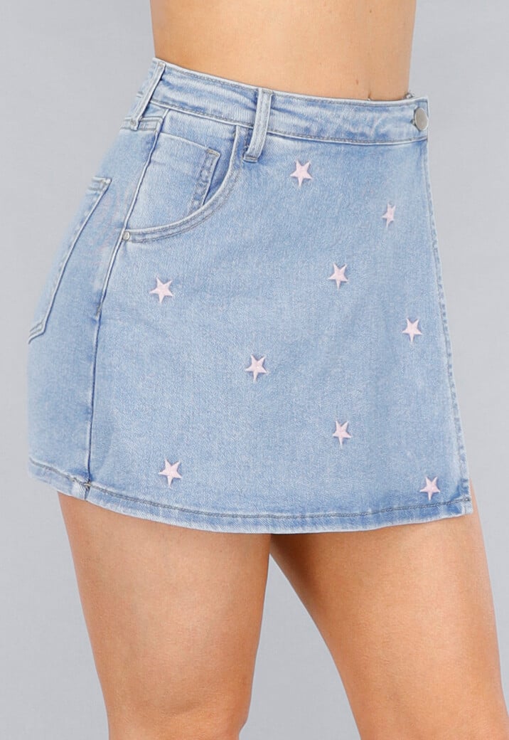Denim Stretch Skort met Roze Sterren en Overslag
