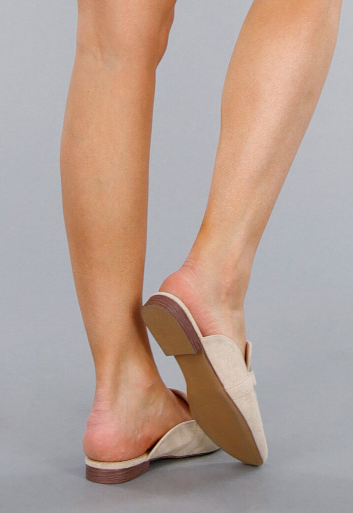 Elegante Beige Suède Loafers Met Gouden Horsebit Schakel En Puntneus