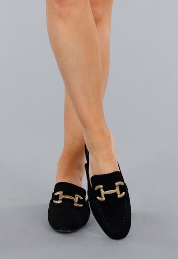 Zwarte Suède Loafers Met Gouden Horsebit Schakel