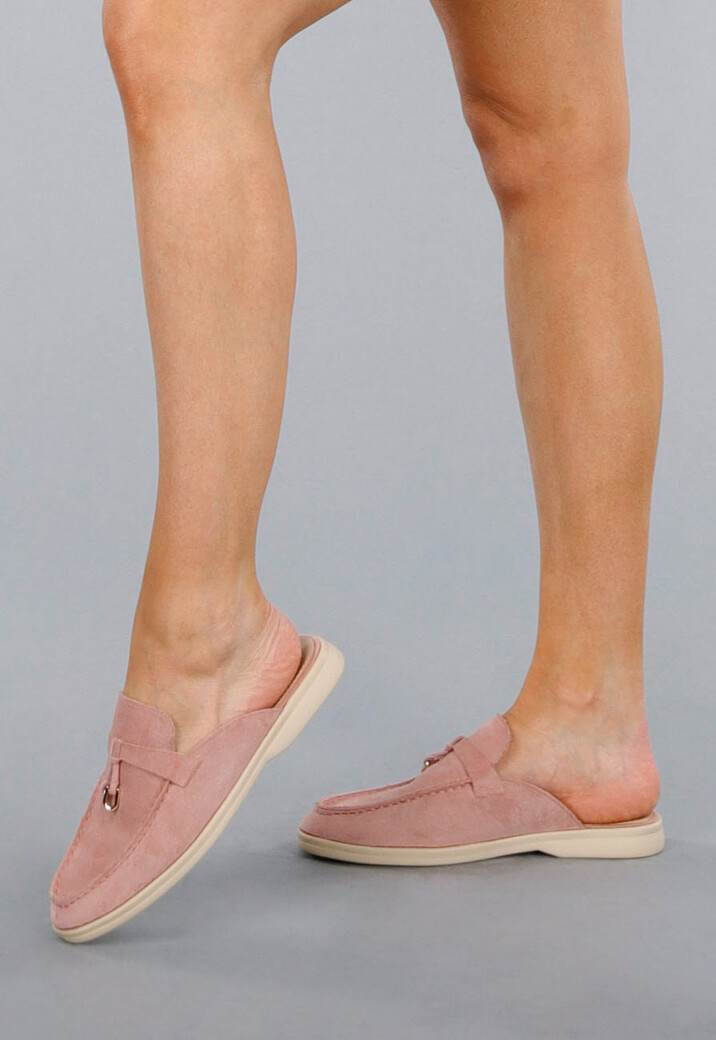 Licht Roze Suède Instappers met Flexibele Zool en Gouden Detail
