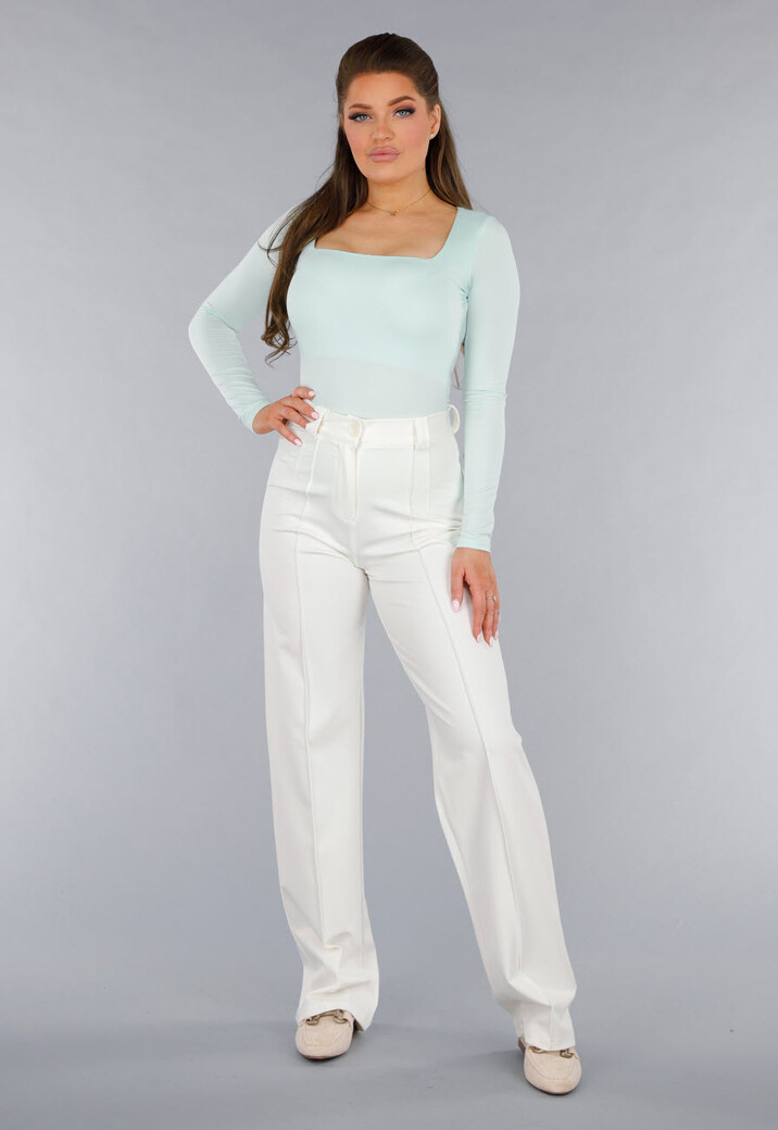 Mintgroen Longsleeve Stretch Shirt met Vierkante Hals