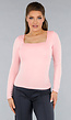 Longsleeve Lichtroze Stretchstof Shirt met Vierkante Hals