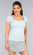 Lichtblauwe Korte Mouwen Top met Stretch en Vierkante Hals