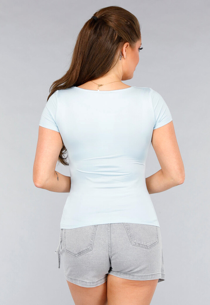 Lichtblauwe Korte Mouwen Top met Stretch en Vierkante Hals
