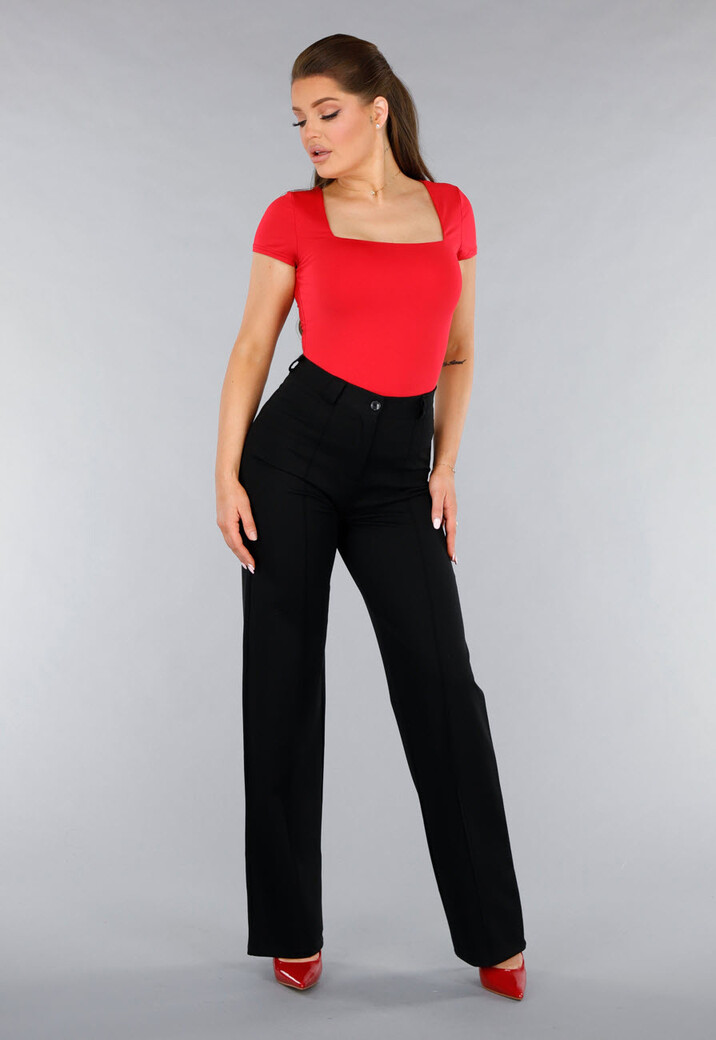 Rood Shirt in Stretchstof met Vierkante Hals en Korte Mouwen