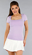 Lila Stretch Shirt met Vierkante Hals en Korte Mouwen