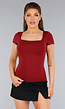Stretchy Burgundy Shirt met Vierkante Hals en Korte Mouwen