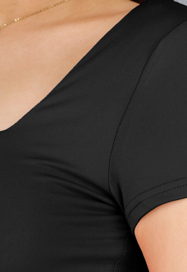 Stretch Shirt in Zwart met Vierkante Hale en Korte Mouwen