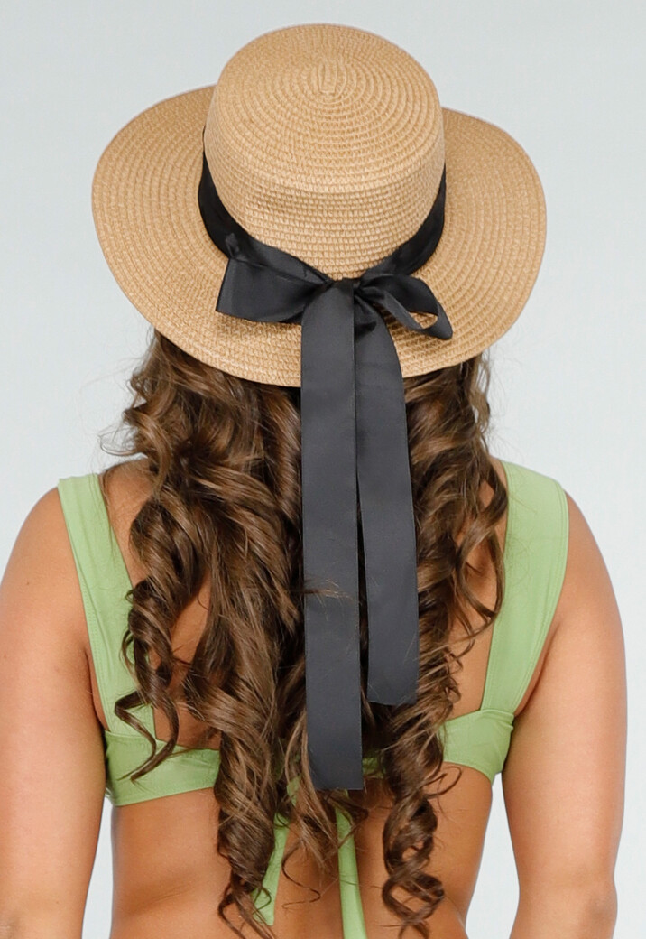 Bruine Raffia Strandhoed met Zwarte Strik