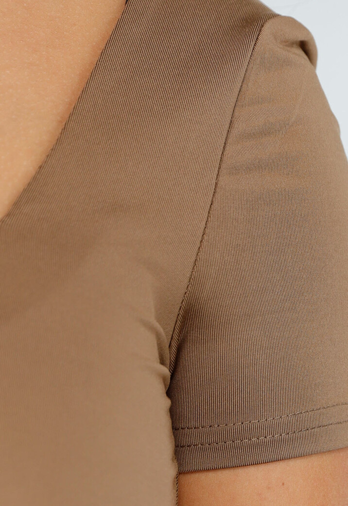 Aansluitende Bruine Jumpsuit met Vierkante Hals, Korte Mouwen en Uitlopende Pijpen