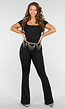 Aansluitende Zwarte Jumpsuit met Vierkante Hals, Korte Mouwen en Uitlopende Pijpen