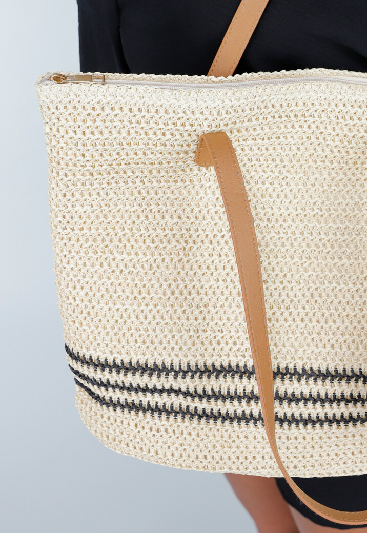 Natuurlijke Gevlochten Shopper met Leren Hengsels en Zwarte Streepdetails