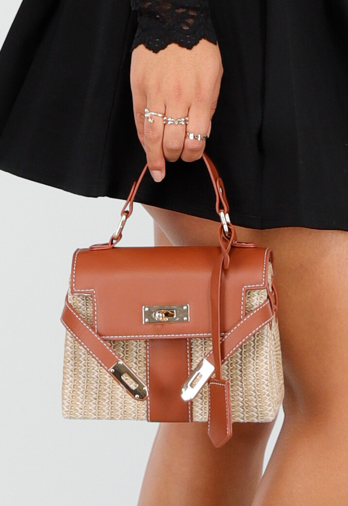 Kleine Raffia Handtas met Bruine Lederlook Afwerking