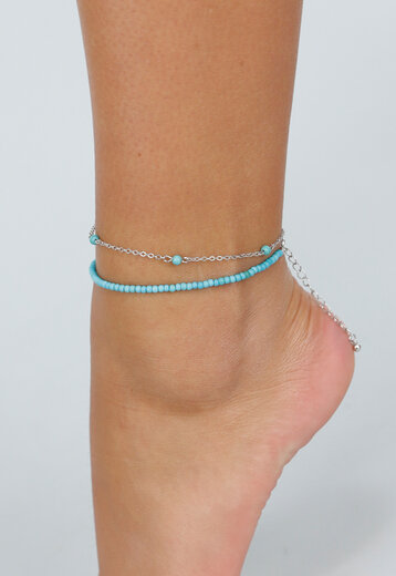 Dubbel Zilveren Enkelbandje met Blauwe Kralen