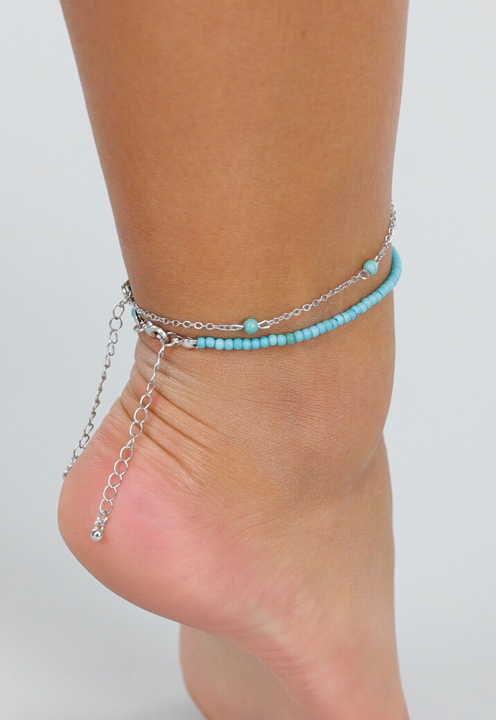 Dubbel Enkelbandje met Zilveren Ketting en Blauwe Kralenaccenten
