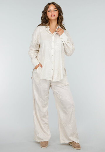 Linnen Beige Tweedelig Setje met Geborduurde Blouse en Broek