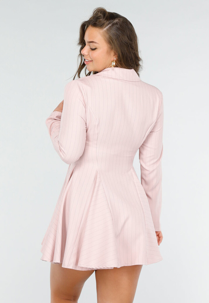 Roze Pinstripe Blazerjurk met Lange Mouwen, Kraag en Knoopsluiting