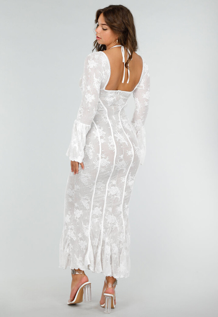 Kanten Fishtail Jurk met Uitlopende Mouwen en Halterkoord