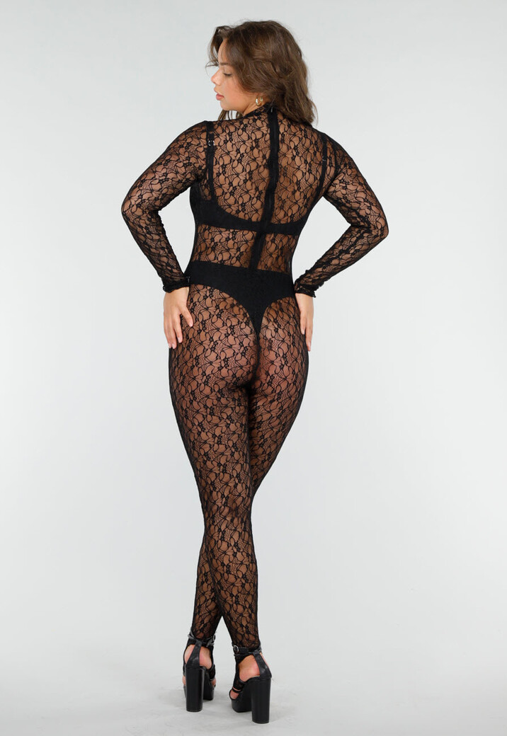 Zwart Aansluitend Kanten Catsuit met Stretch