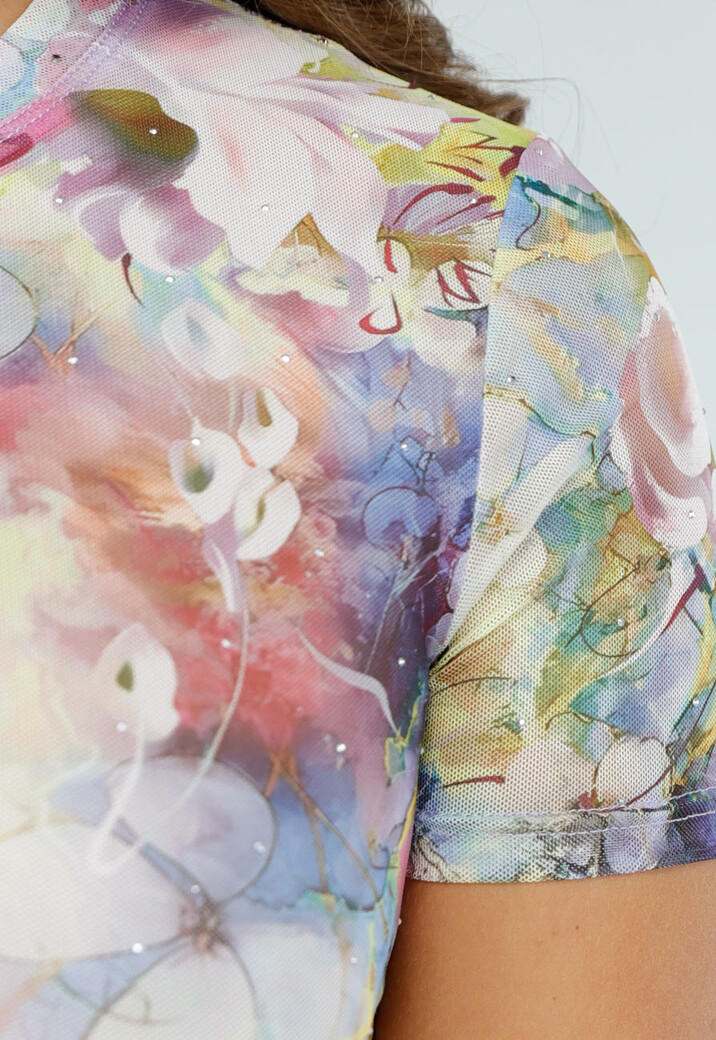 Mesh Bodysuit met Korte Mouwen en Pastelkleurige Bloemenprint in Zachte Tinten