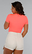 Neon Coral Twist Bodysuit met Korte Mouwen