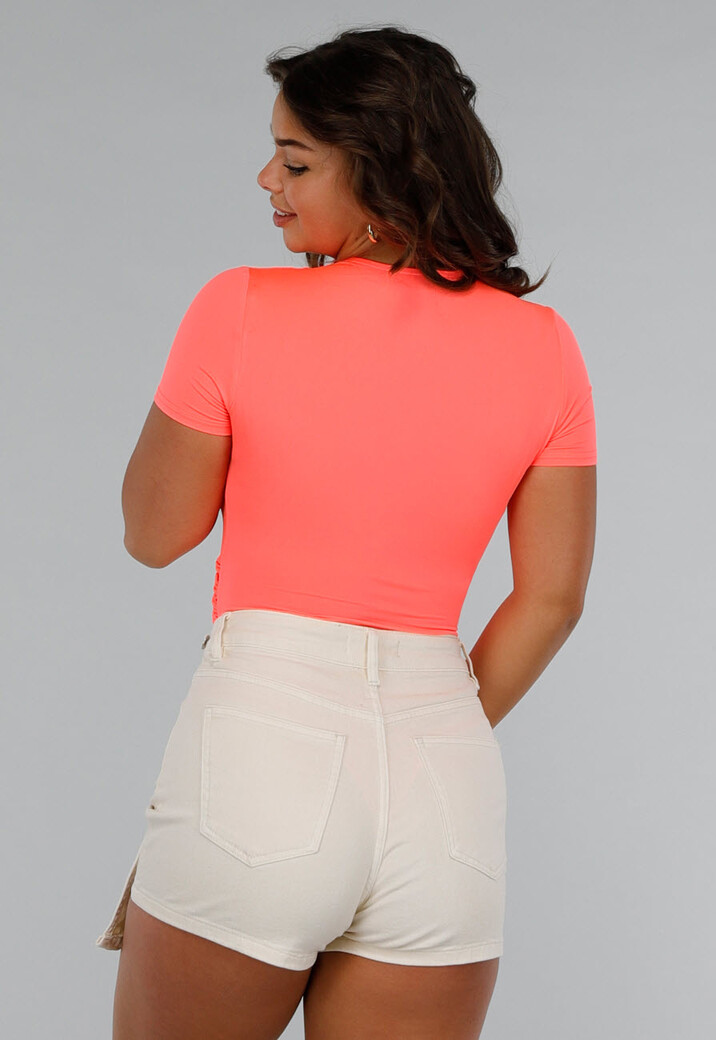 Neon Coral Twist Bodysuit met Korte Mouwen