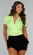 Neon Gele V-hals Bodysuit met Twist en Korte Mouwen