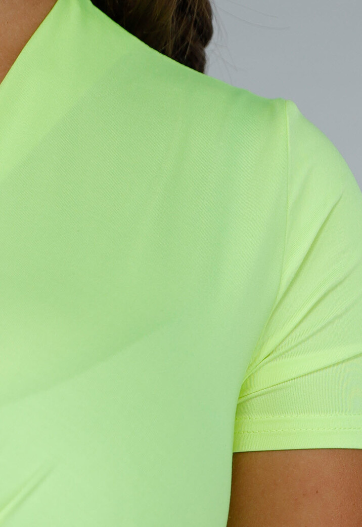 Neon Gele V-hals Bodysuit met Twist en Korte Mouwen