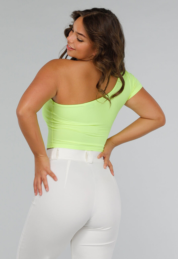 Neon Gele Stretch Crop Top met One Shoulder