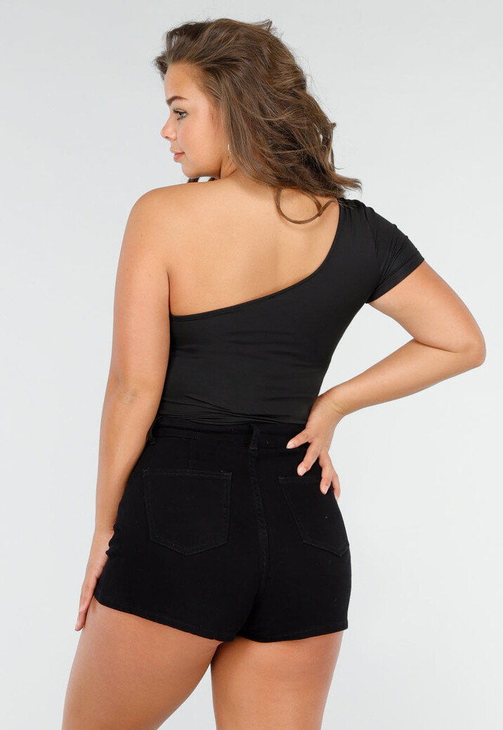 Zwarte Stretch Crop Top met One Shoulder